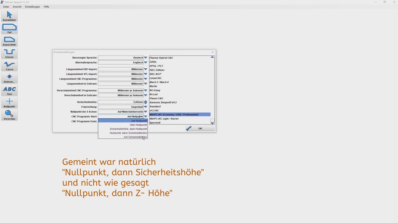 Grundeinstellungen in Estlcam für WinPc Nc