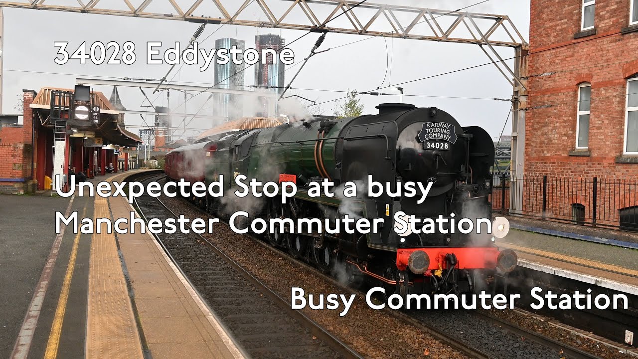 1  Steam Locomotive 34028 Eddyston makes unexpected stop at Deansgate Manchester   1st November 2025