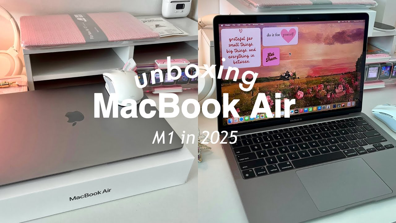 MacBook Air M1 unboxing (space gray) in 2025 ✨☁️ + accessories, esr wireless mouse, aesthetic setup