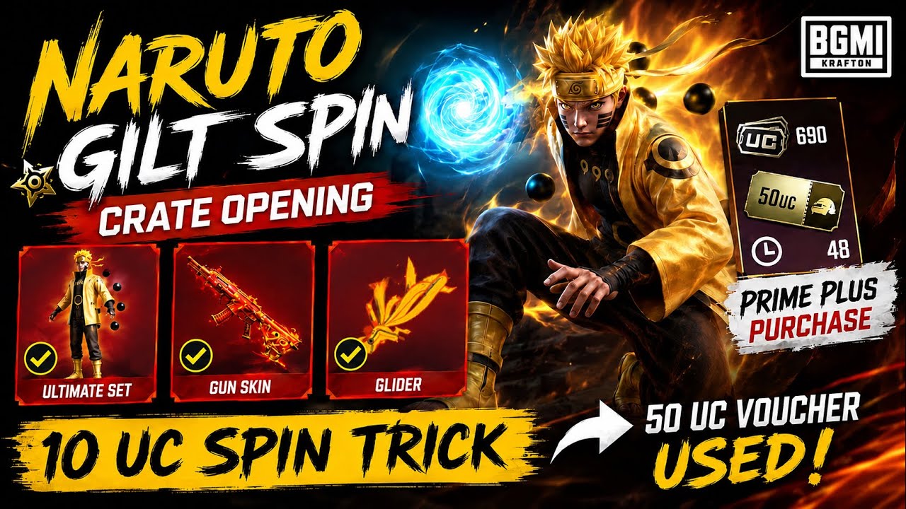 BGMI Naruto Gilt Spin 10 UC Trick 😱 Prime Plus OP! Ultimate Set, Gun Skin & Glider Unlock Guide 