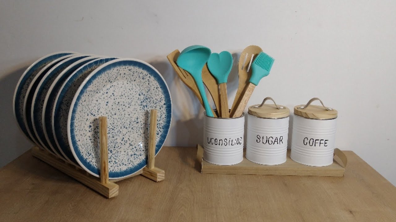 DIY Utensílios para cozinha, escorredor pra pratos + Latas de leite Decoradas com tampas de madeira