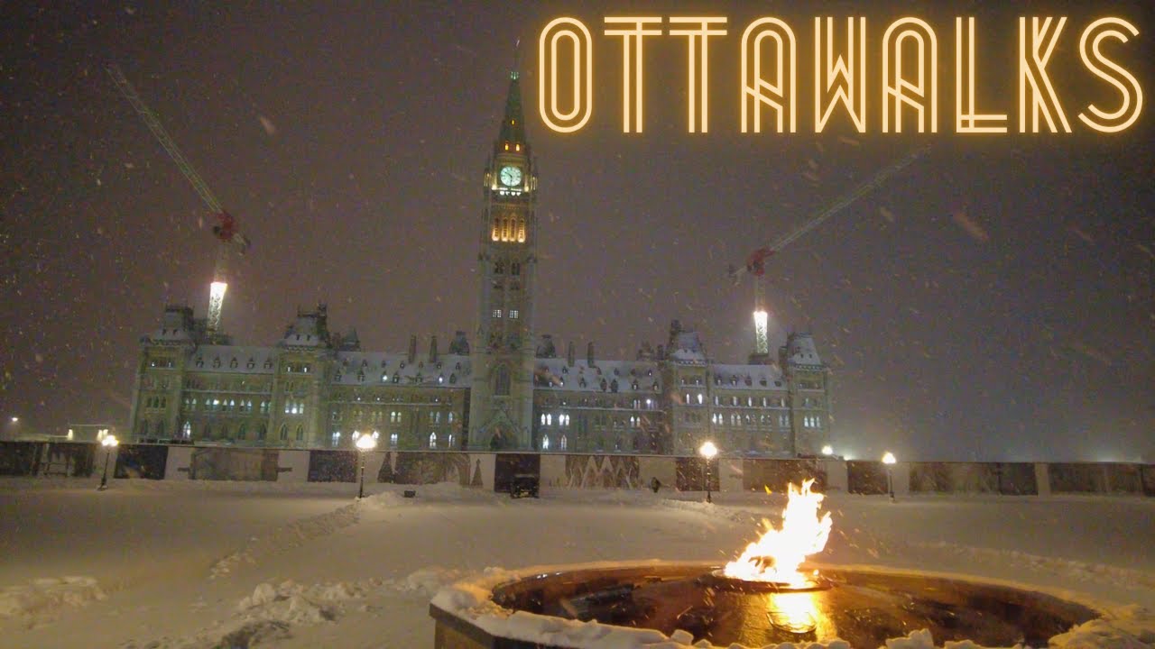 Downtown Ottawa snowstorm night walk - Sparks Street & Laurier Ave from Parliament to Rideau Canal