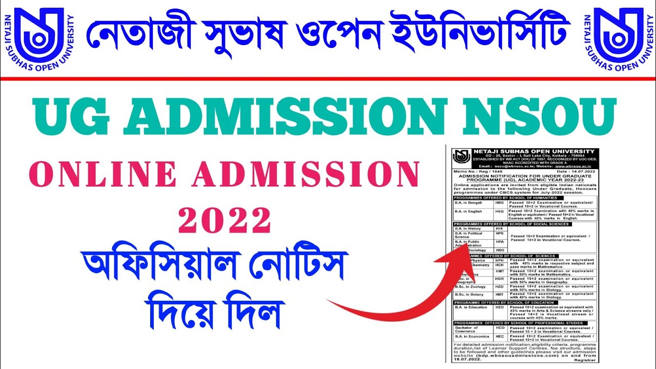NSOU New Admission 2022 For UG Students , NSOU Graduation New Admission 2022  Official Notice