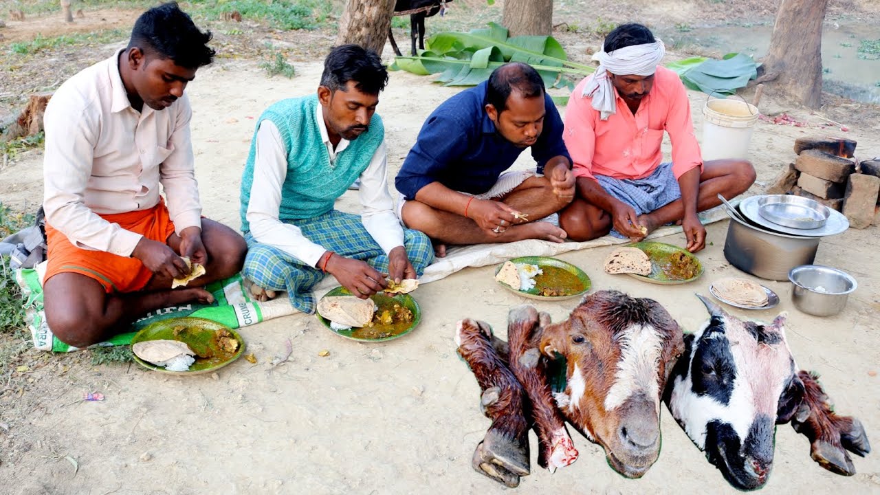 Goat Head and Leg Curry, Cooking And Eating By Village People, Desi Chulha