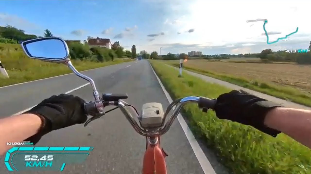 Tour zum Felsenmeer. Mit der Piaggio Ciao den Berg rauf. Inkl km/h und Motorsound Gianelli Fire