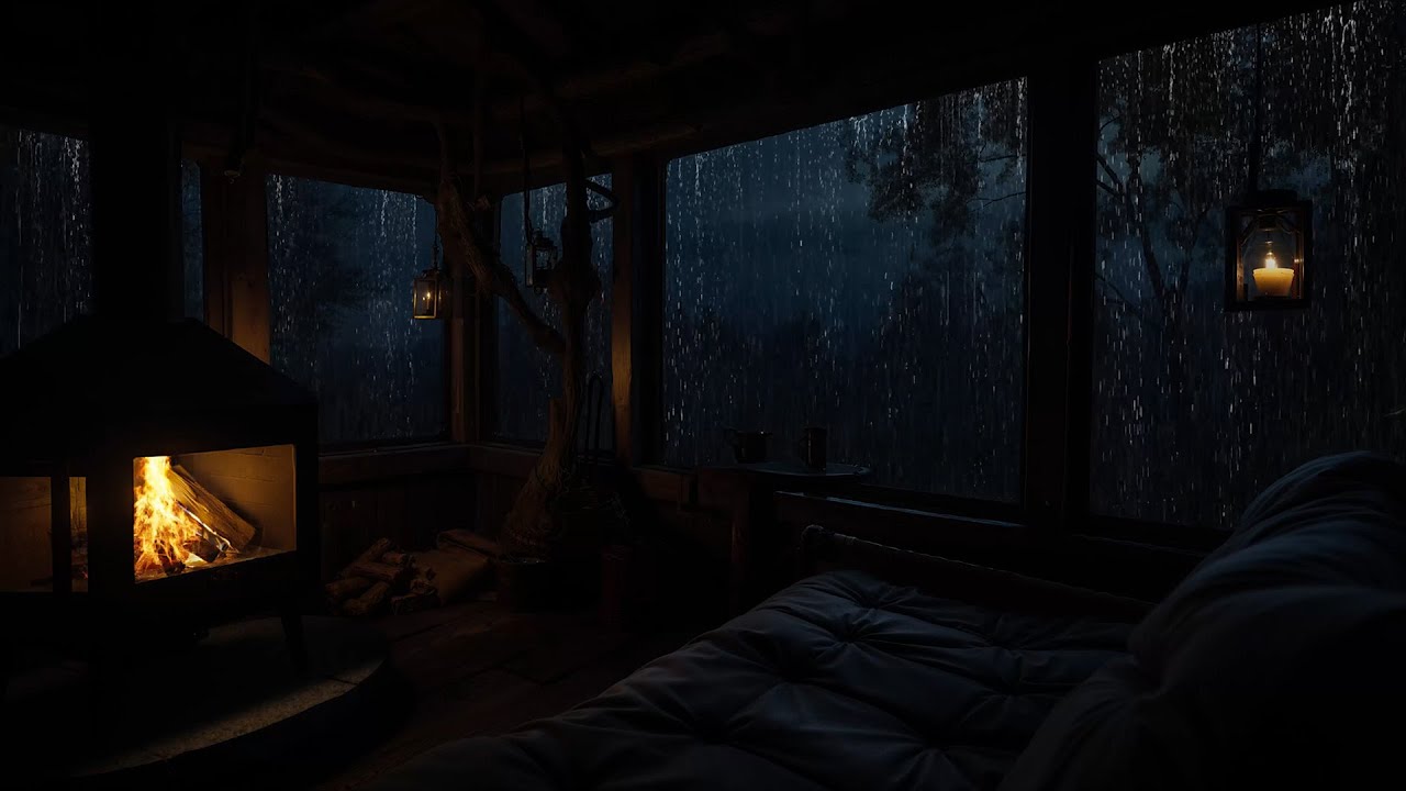 Rain on Cabin Roof and Firewood Crackling | Cabin Night Ambience