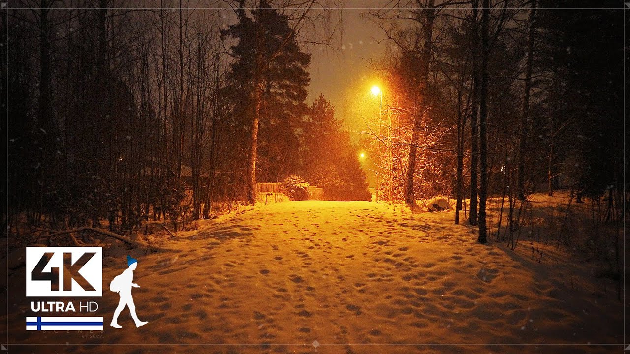 Часовая терапевтическая ночная прогулка по заснеженным местам Финляндии - Slow TV 4K
