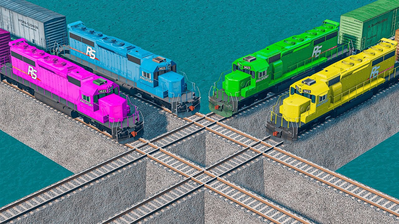 Double Train Vs Colorful Trains vs Impossible Weird Rail Track Crossing Deepwater | BeamNG.drive
