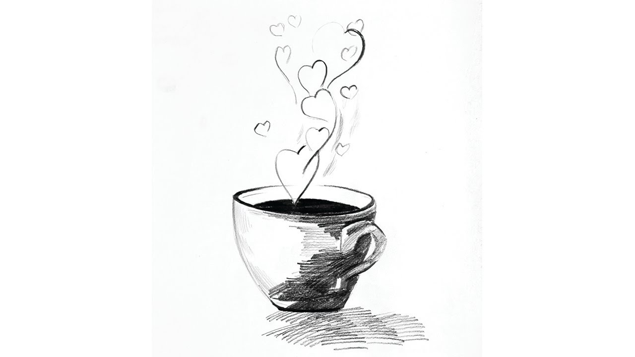 How to draw a Coffee cup Sketch with Love smoke - step step