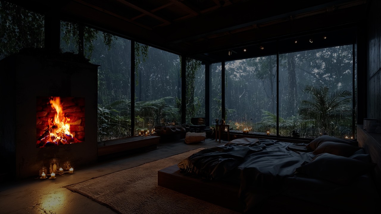 Rainy Night beside a Warm Fireplace 🌧️ | Cozy Bedroom Ambience for Deep Peaceful Sleep