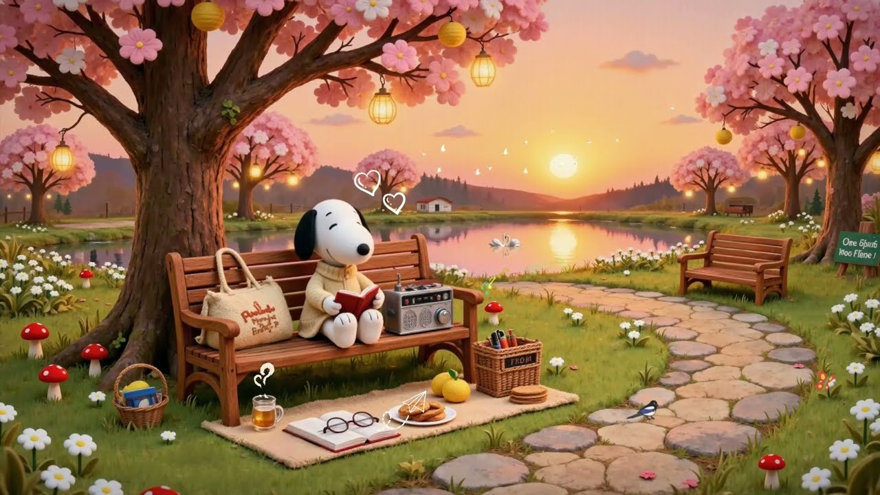 🌅 Snoopy Lakeside Spring Sunset 🌸 Soft Lofi Beats to Study & Relax