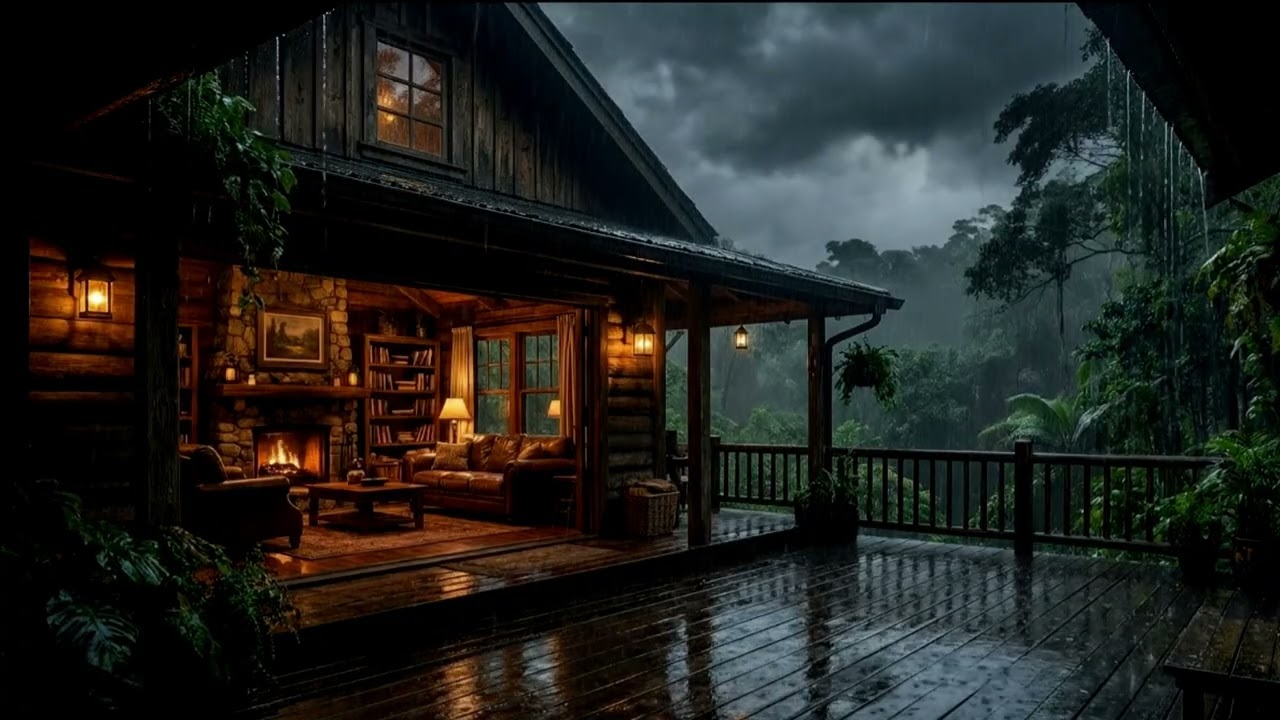 Rainy Day at the Cabin ☕ Cozy Fireplace & Rain Sounds for Studying, Reading & Focus