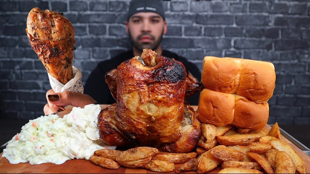(ASMR) ROTISSERIE CHICKEN, POTATOE WEDGES, POTATOE SALAD, COLESLAW, AND BUNS MUKBANG