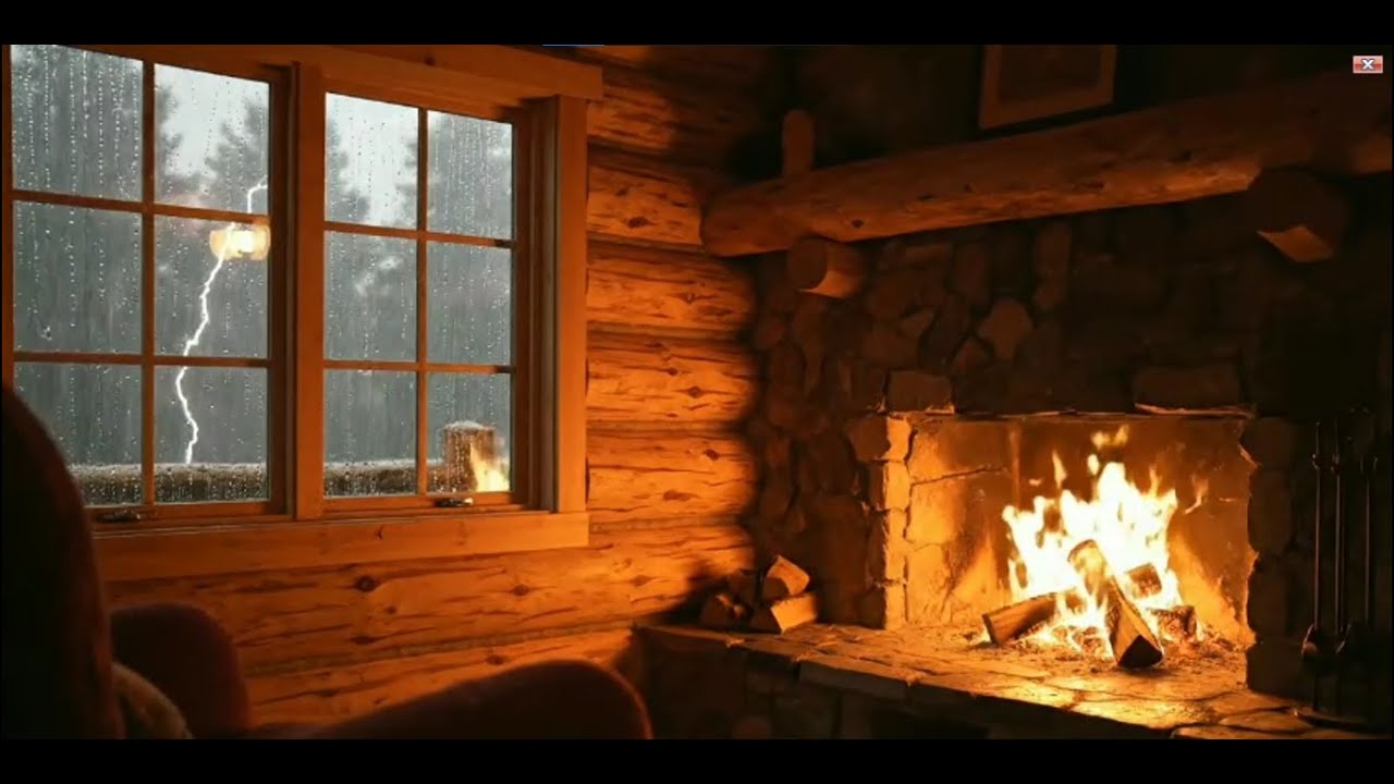 🔴Cozy Cabin Fireplace with Rain & Thunder Outside | Warm Night Ambience