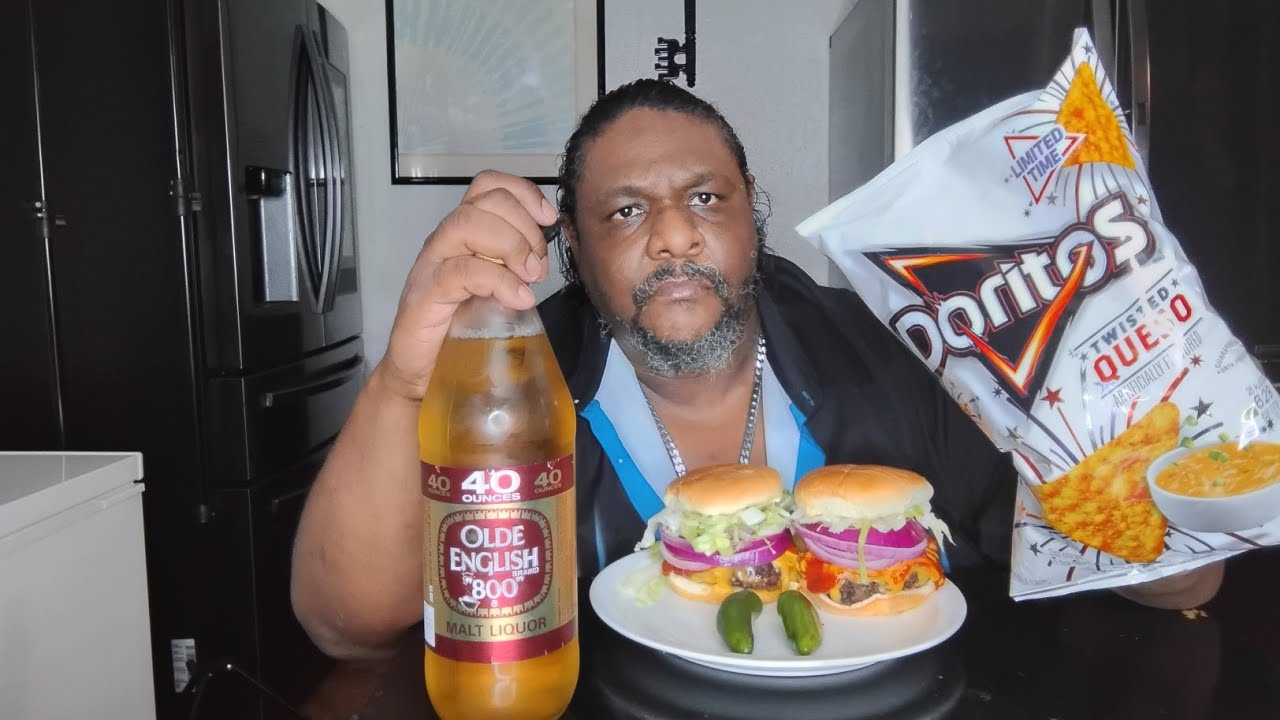 LIMITED TIME Doritos TWISTED QUESO. And 2 Cheese Burgers with a 40oz OLD ENGLISH 800 MALT LIQUOR
