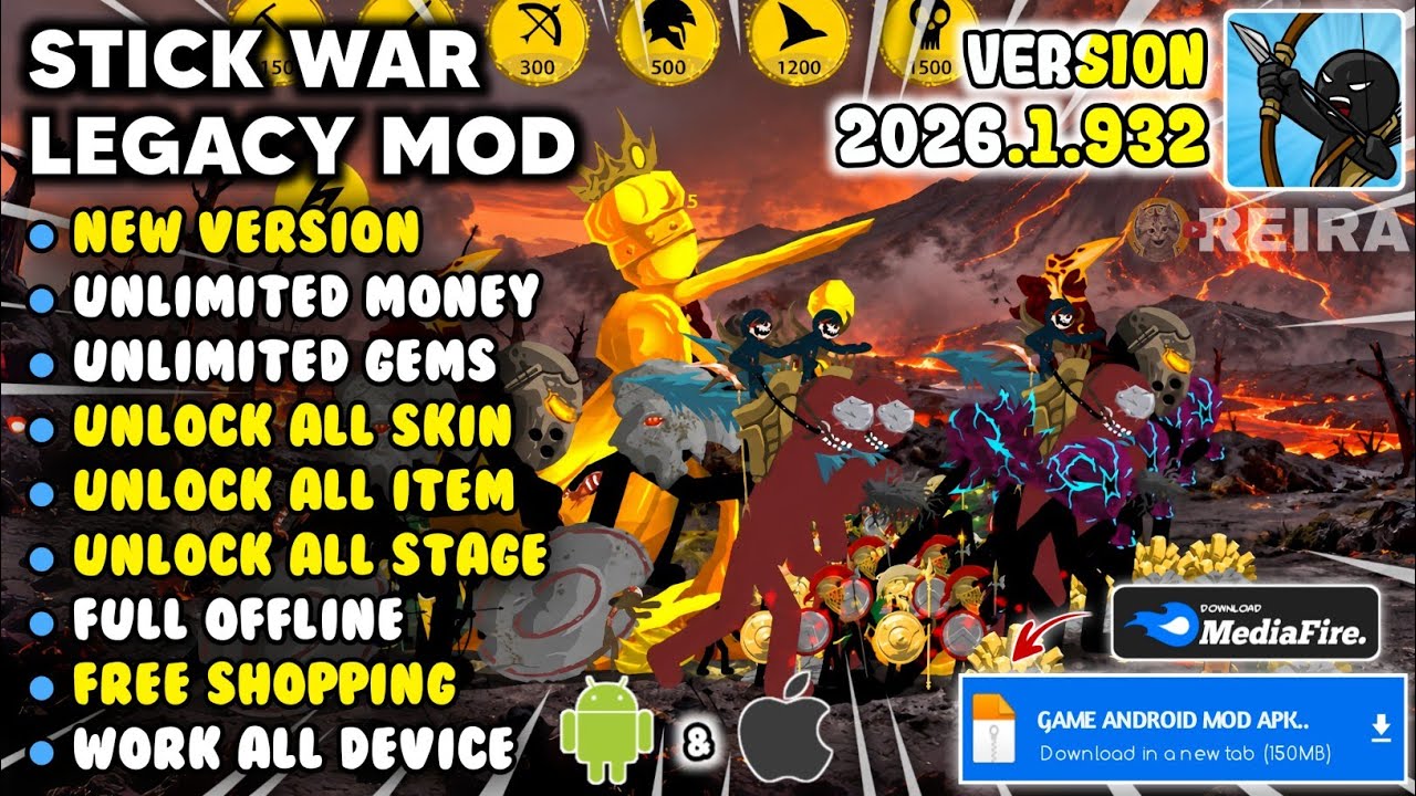 STICK WAR LEGACY MOD APK NEW UPDATE 2026 VERSION 2026.1.932 Unlimited Money & Unlock All Skin