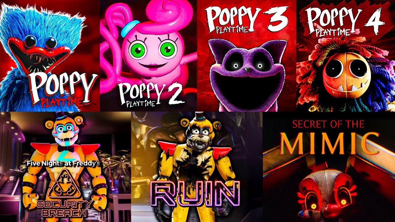 Poppy Playtime 1, 2, 3, 4 | FNAF Security Breach + RUIN dlc FNAF Secret of the Mimic | No Commentary