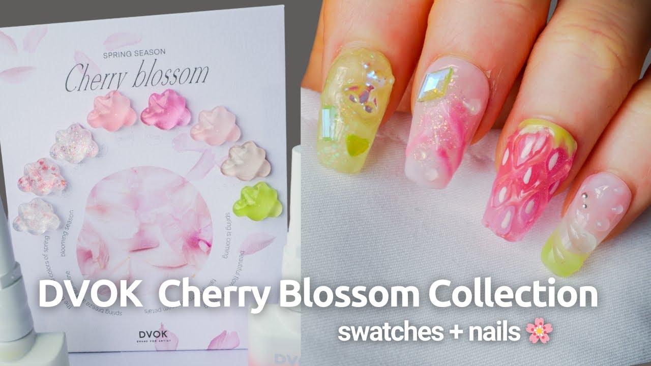 Korean Gel Nail DVOK Cherry Blossom Collection | swatches & jelly fruit nails 🍓 4K