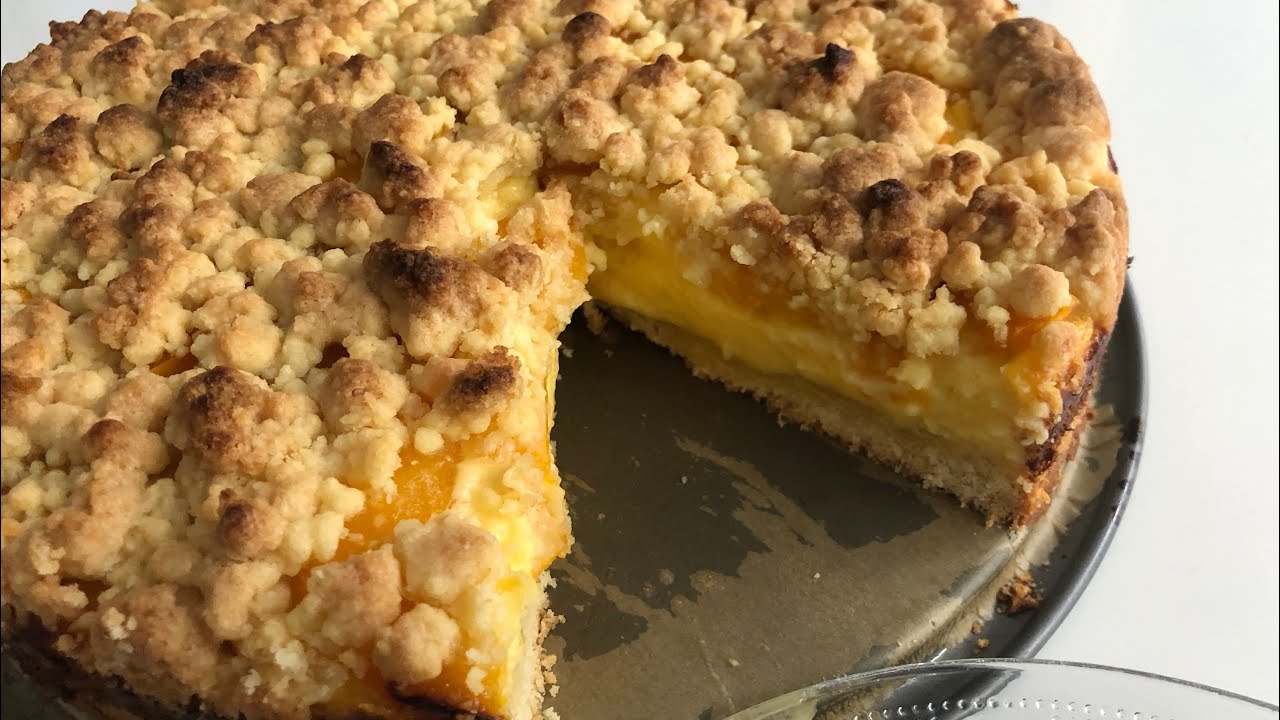 Der Weltbeste Streuselkuchen mit Pfirsiche und Pudding -  Puddingkuchen mit Streusel selber machen