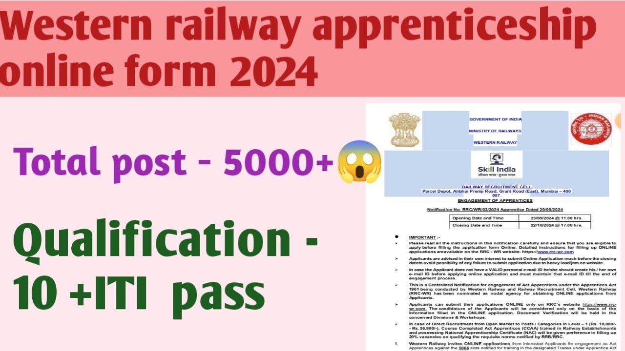 Western railway apprenticeship online form 2024| RRF WR age limit and education qualification|