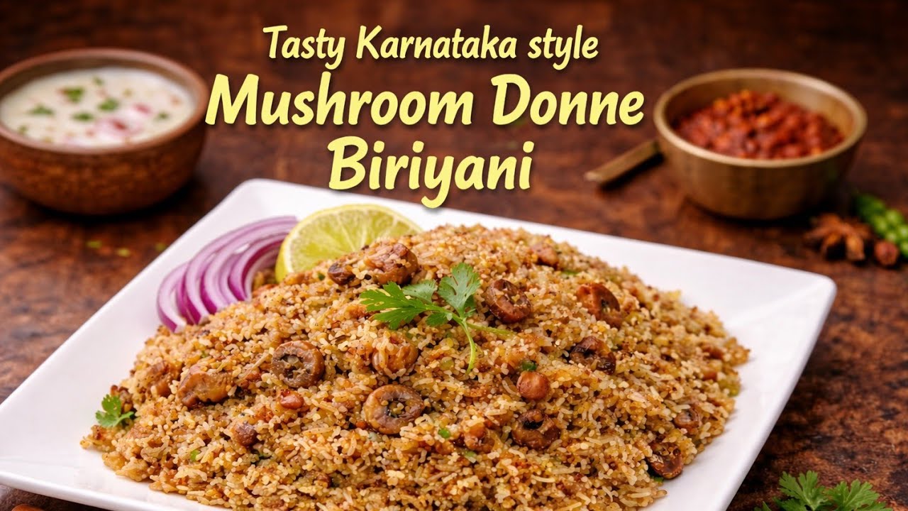 Bangalore Style Mushroom Donne Biryani Recipe | Easy Spicy Karnataka Donne Biryani at Home