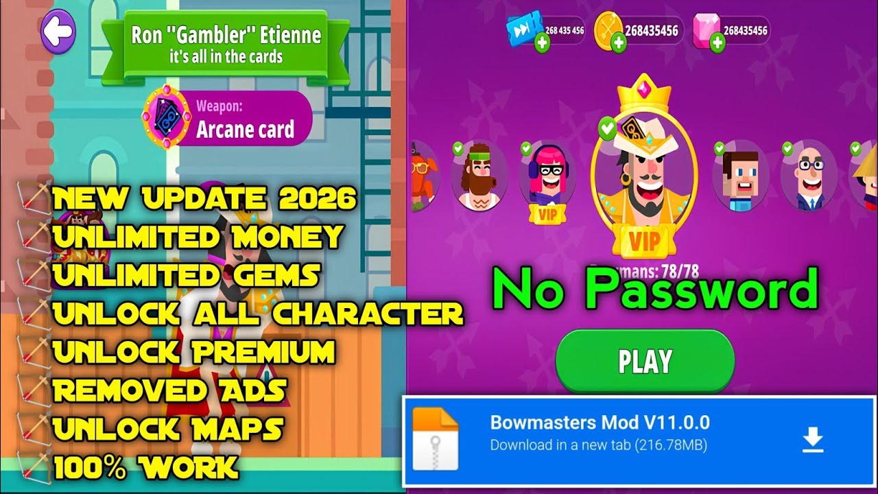 Bowmasters Mod Apk 2026 v11.0.0 - Неограниченные возможности и разблокировка всех персонажей