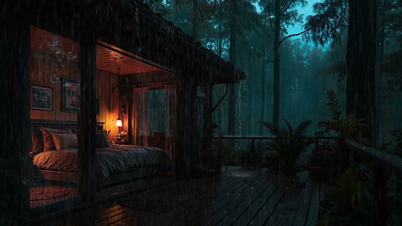Soft Night Rain Drifting Over a Cabin in the Woods 🌧 | Calm Rain Sounds for Deep Sleep