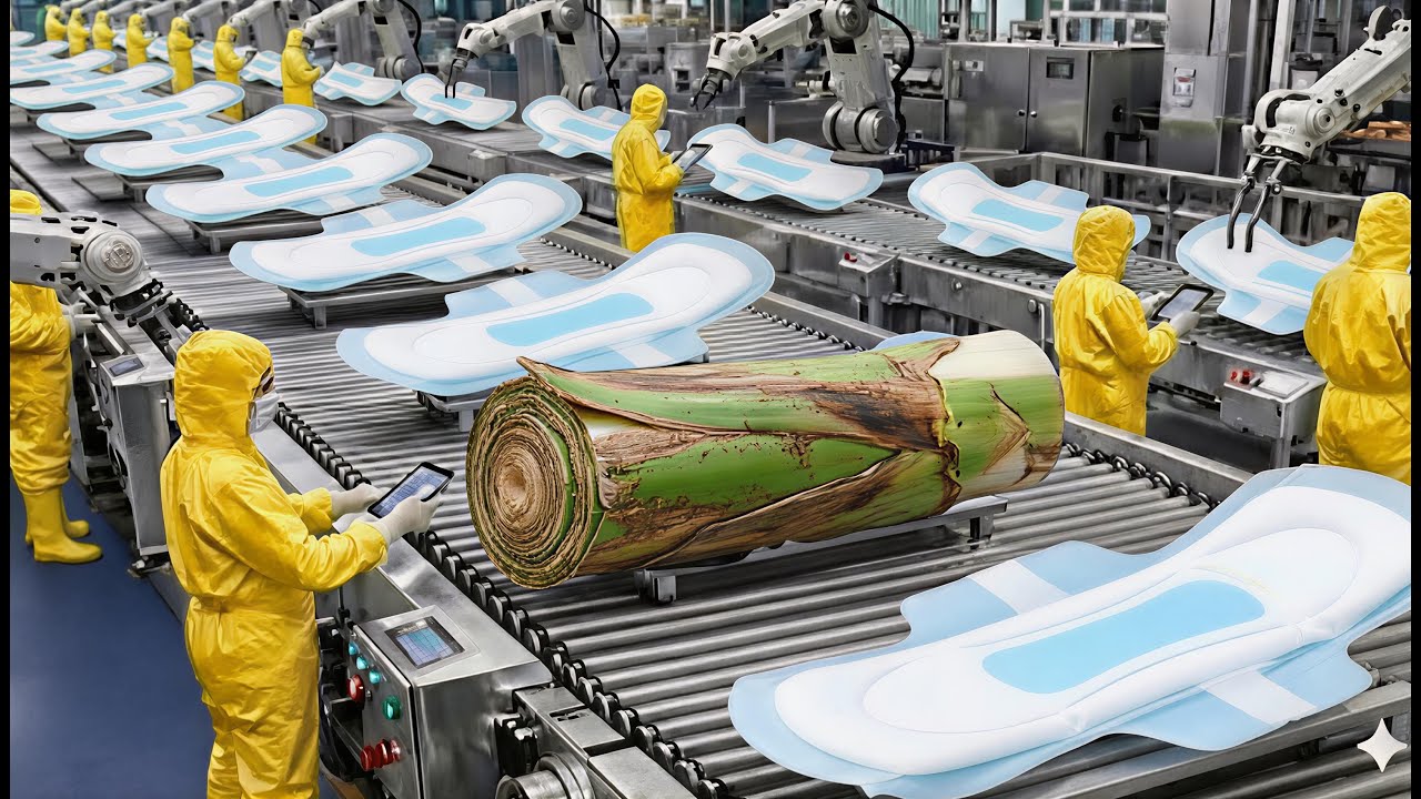 Inside The Largest Modern Banana Stem Factory & Sanitary Pad Production Process (Full Process)...