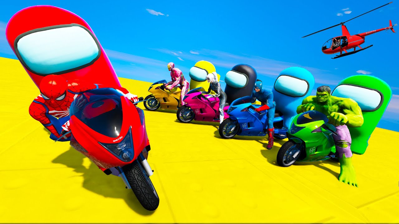 Spiderman and Among Us Cars Moto challenge Hulk Captain America Iron Man and Black Cat GTA V mods