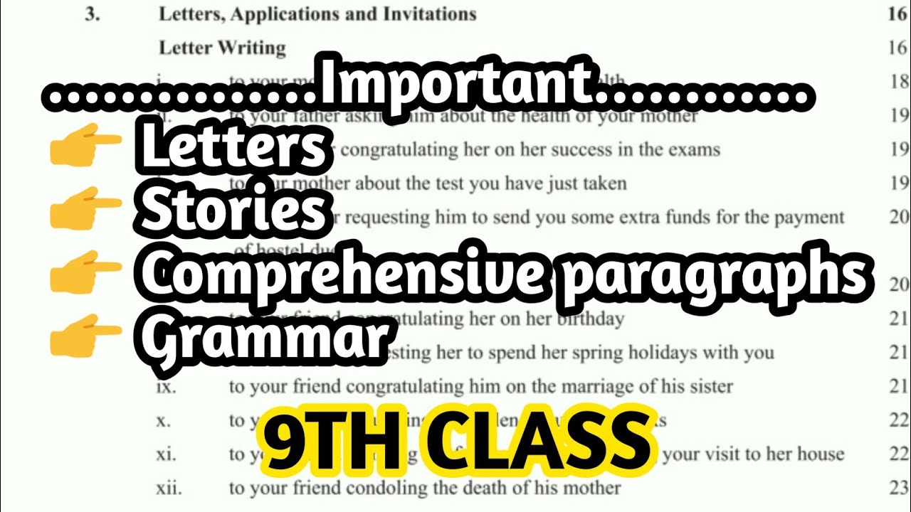 Class 9th English Important Letters,Stories,comprehensive paragraphs and Grammar
