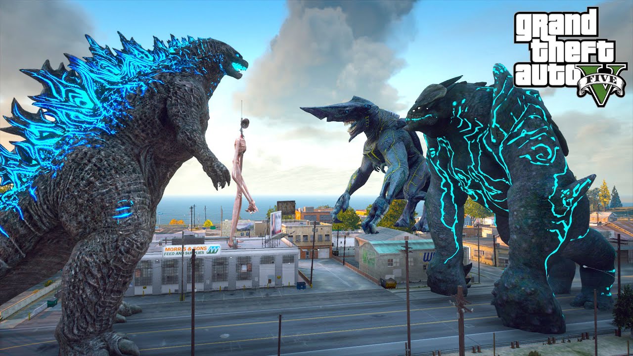Godzilla and Siren Head vs Leatherback and Knife Head Kaiju - GTA V Mods