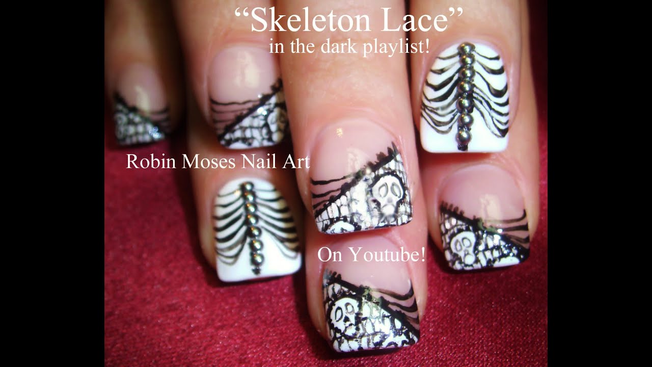Nail Art | Halloween Nails | Black and white Skeleton Lace Nail Design Tutorial