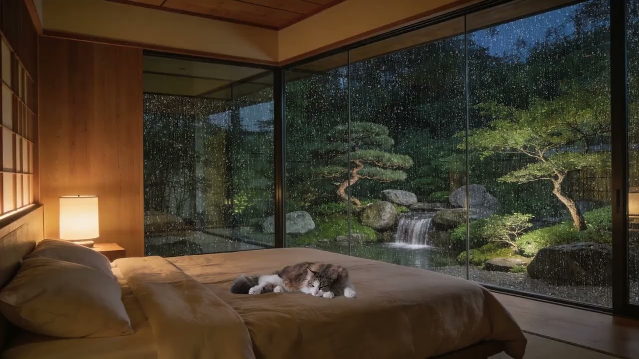 Rain Sounds on Window 🌧️ Cozy Cabin Bedroom & Sleeping Cat | Deep Sleep Rain Ambience (3 Hours)