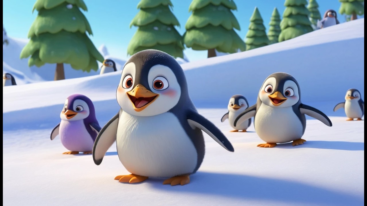 Cinco Pequeños Pingüinos Bebés Tobogán Tobogán | Rima Infantil de Invierno y Números