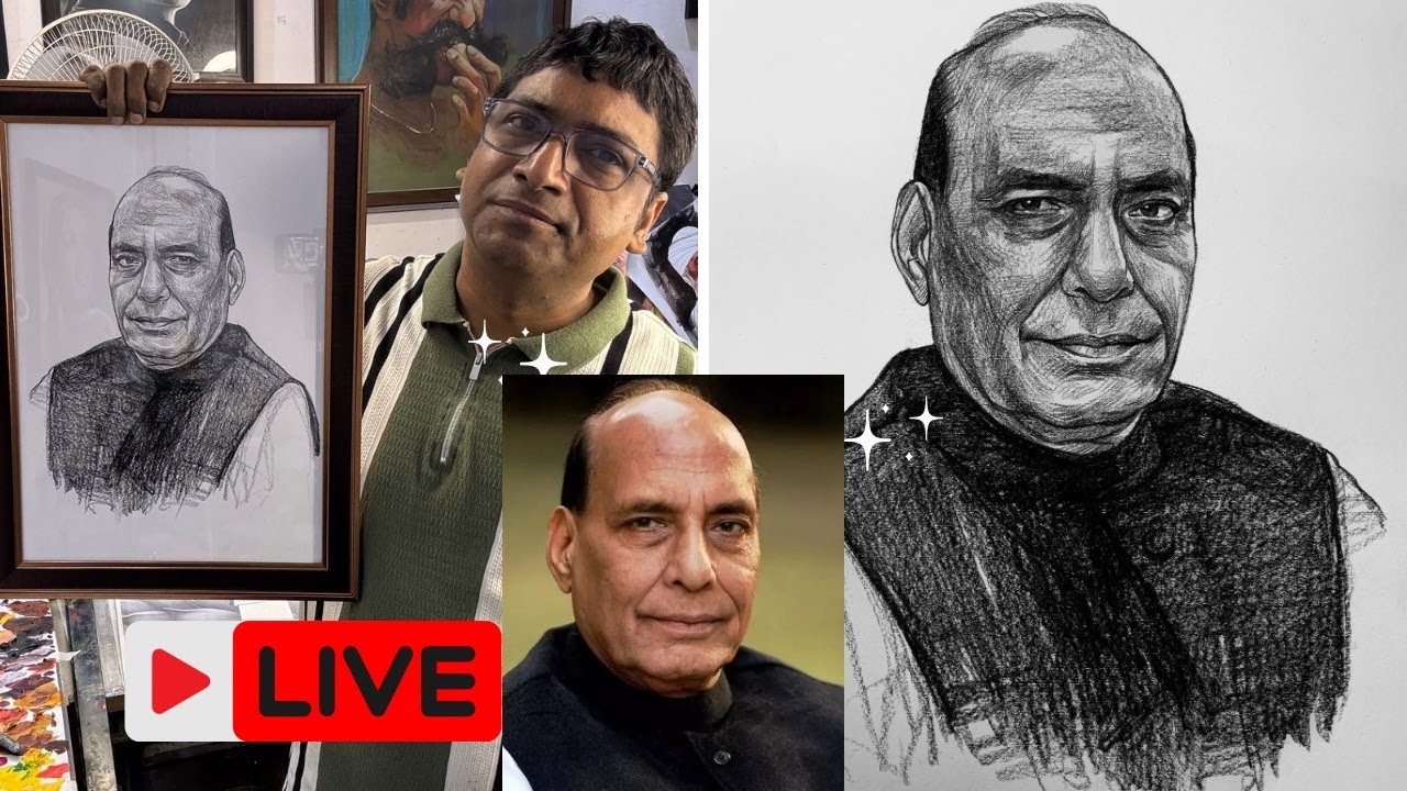 LIVE Shri Rajnath Singh Portrait | 12x16 Pencil-Charcoal Sketch | Real-Time by Delhi Artist Rajesh