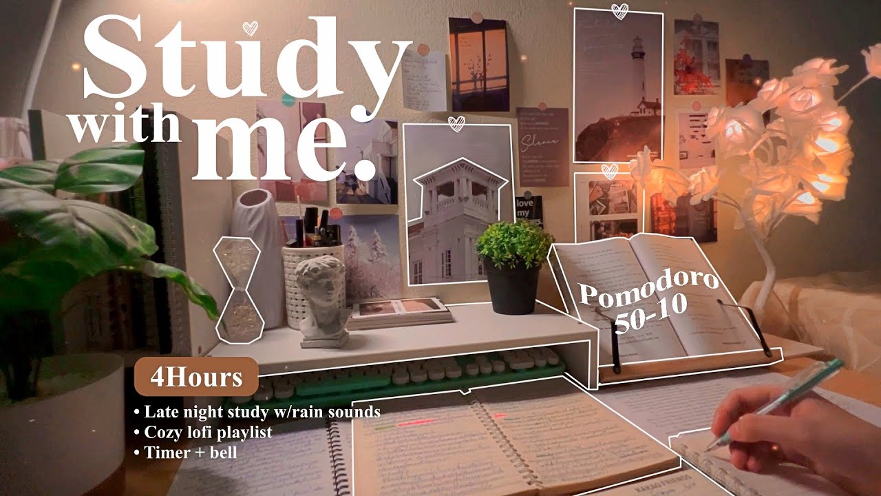 4-HOUR 😴 Late Night Study With Me • Rain sounds☔ + Lofi bgm • Pomodoro 50-10 • Day130📸