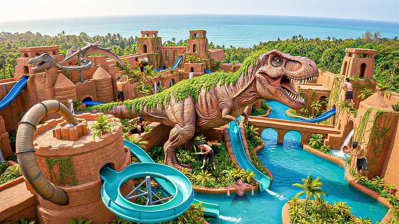 250 Days Building an Epic T-Rex Waterpark with Multi-Tier Water Slides Complex Using Primitive Tools