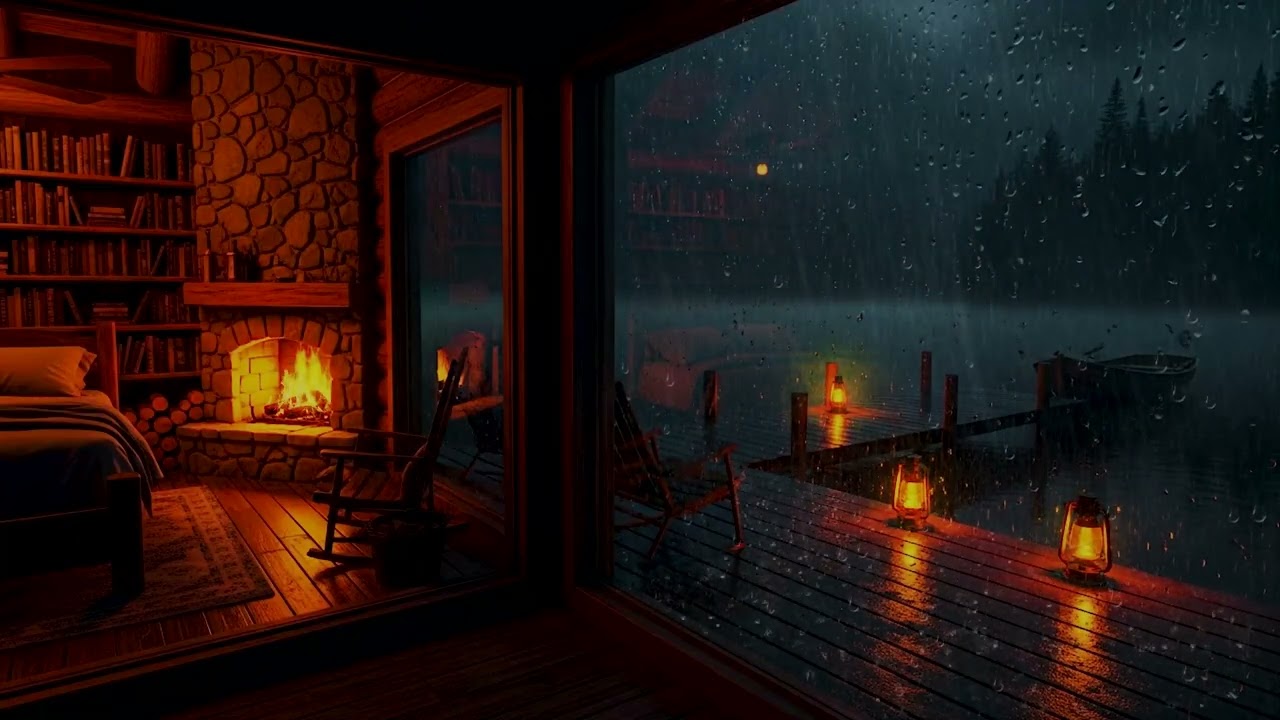 Cozy Cabin by the Lake in Heavy Rain 🌧️ Fireplace Ambience for Deep Sleep