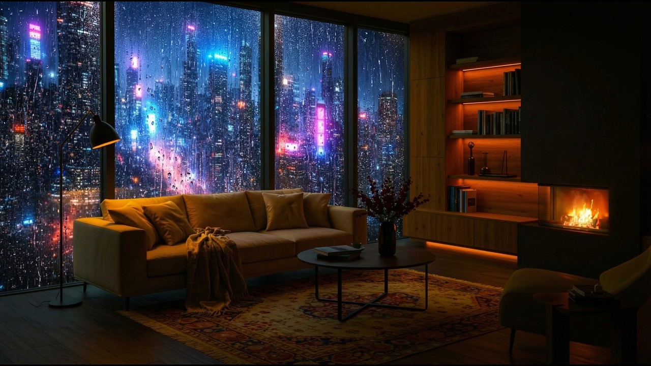 Cozy Rainy Night in City Apartment 🌧️ Fireplace Ambience & Rain Sounds for Deep Sleep