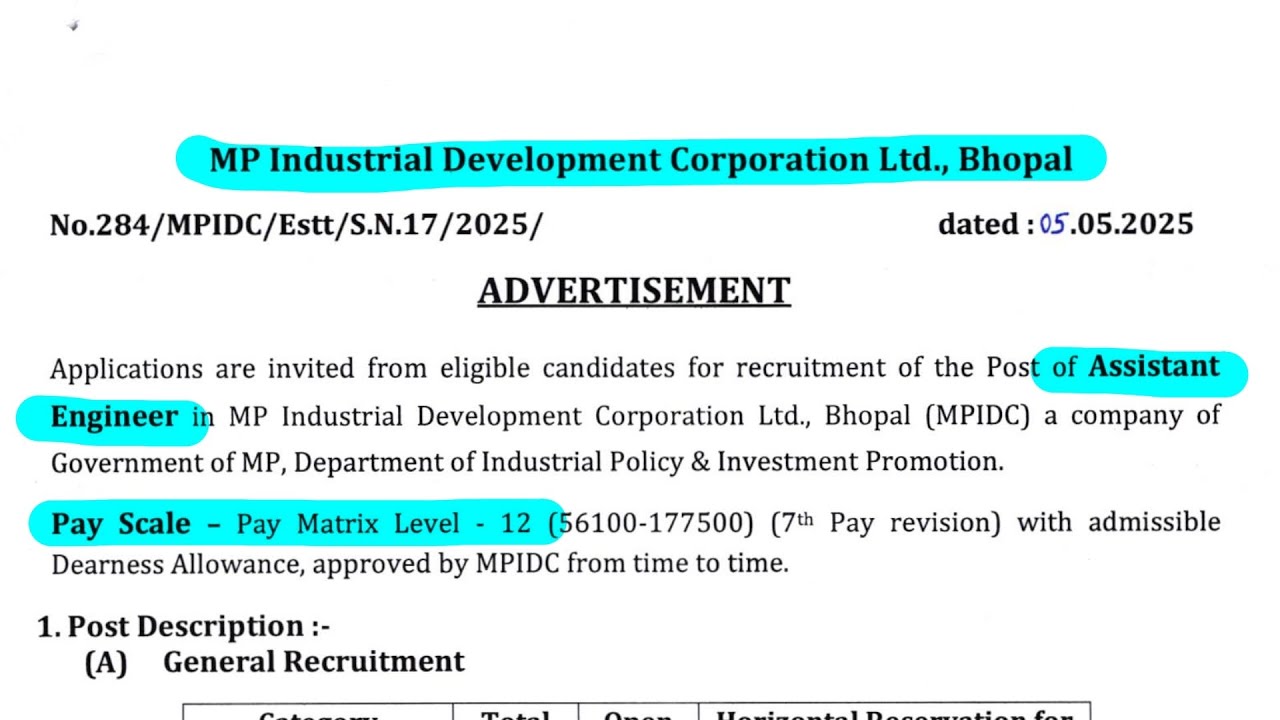 Assistant Engineer @ MP Industrial Development Corporation Limited Bhopal