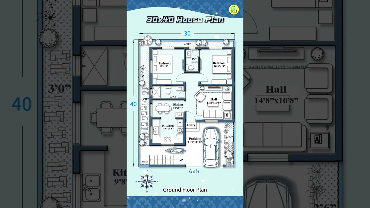 Update: 30&times;40 house plan with car parking, east facing, 30 by 40 home plan, 30*40 house design