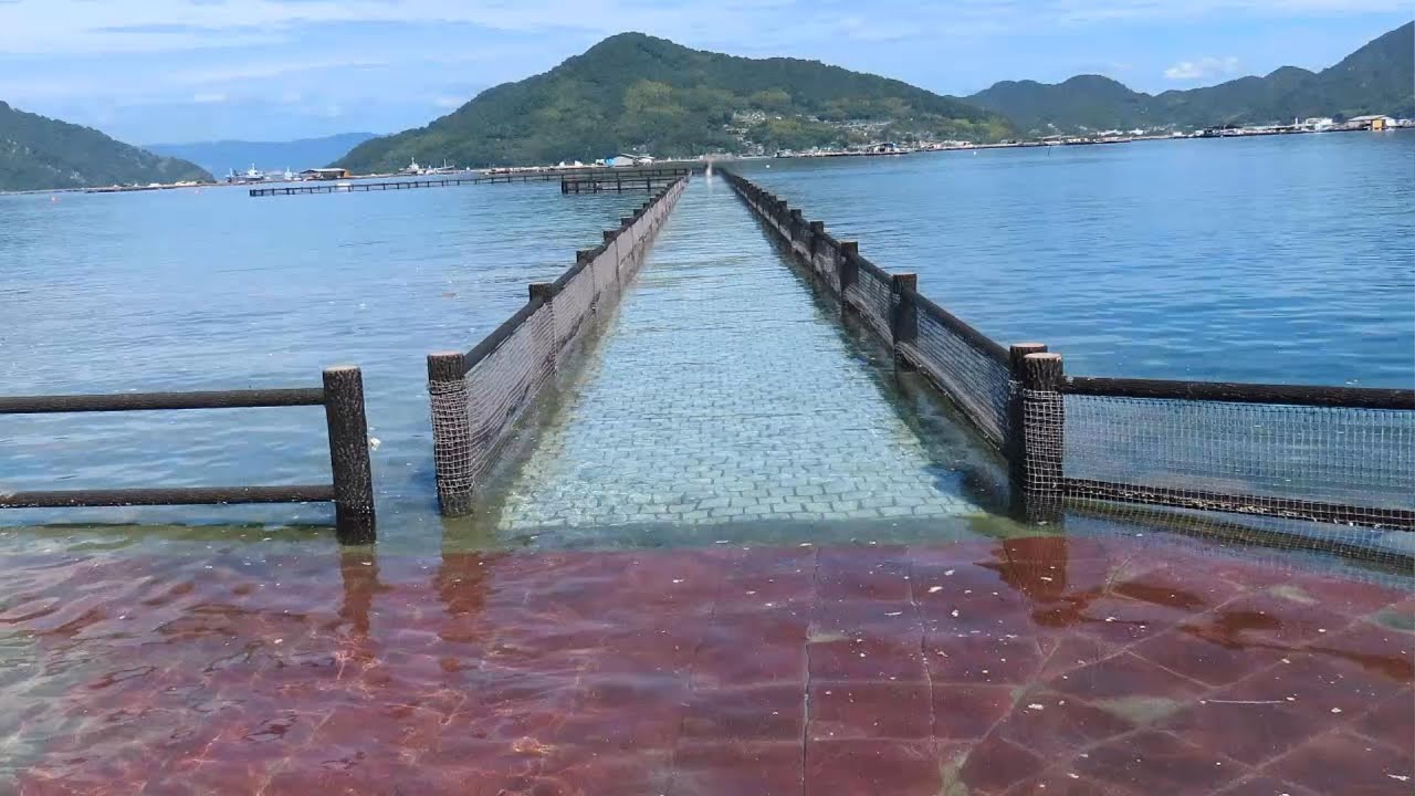 【海に沈む道】江田島のヒューマンビーチ長瀬　大潮の潮位350cm以上で沈む道 　逆エンジェルロードです　 #広島県 #珍百景 #絶景 エンジェルロードの群青の道（ネイビーロード）もあるよ