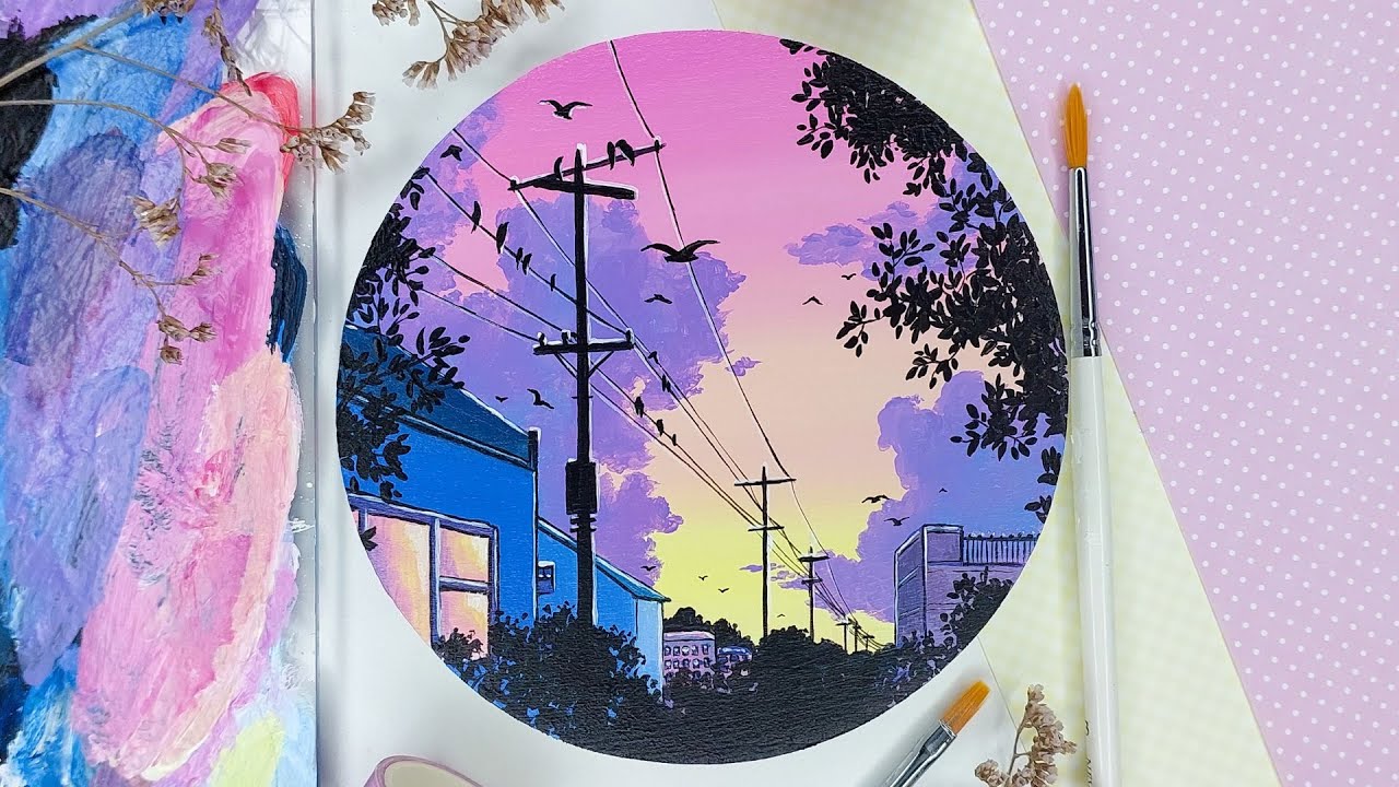 Acrylic Painting- Street With Electric Wires At Sunset! Full drawing process!