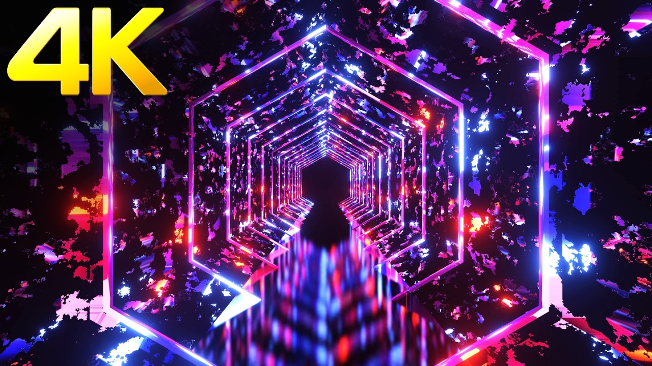 4K Abstract Hexagon Sci-Fi Light Tunnel Metallic Color Mind Relax Neon Background Video Screensaver