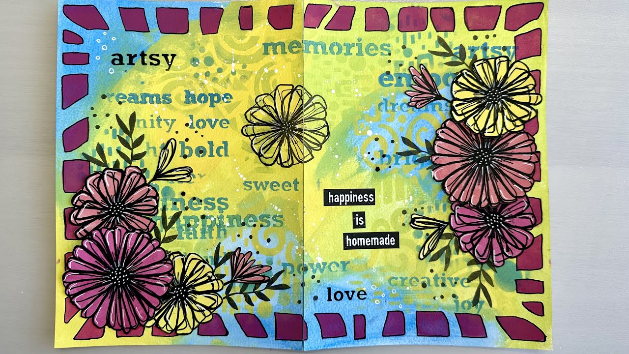 Tutorial - Let's create an art journal spread using Art by Marlene stamps and stencils.