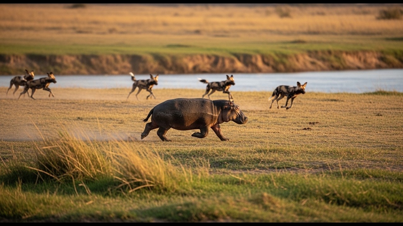 Young Hippo Outnumbered by Wild Dogs | Desperate Sprint for Survival in the African Wild