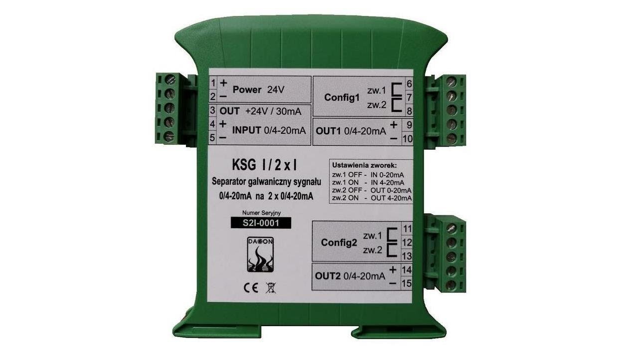 KSG-I/2xI - separator sygnału prądowego 0/4-20mA na dwa niezależne sygnały prądowe 0/4-20mA.