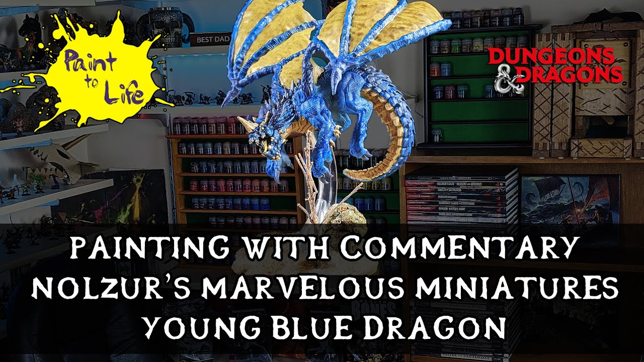 How to paint a Nolzur's Marvelous Miniatures Young Blue Dragon D&D – with step by step commentary.