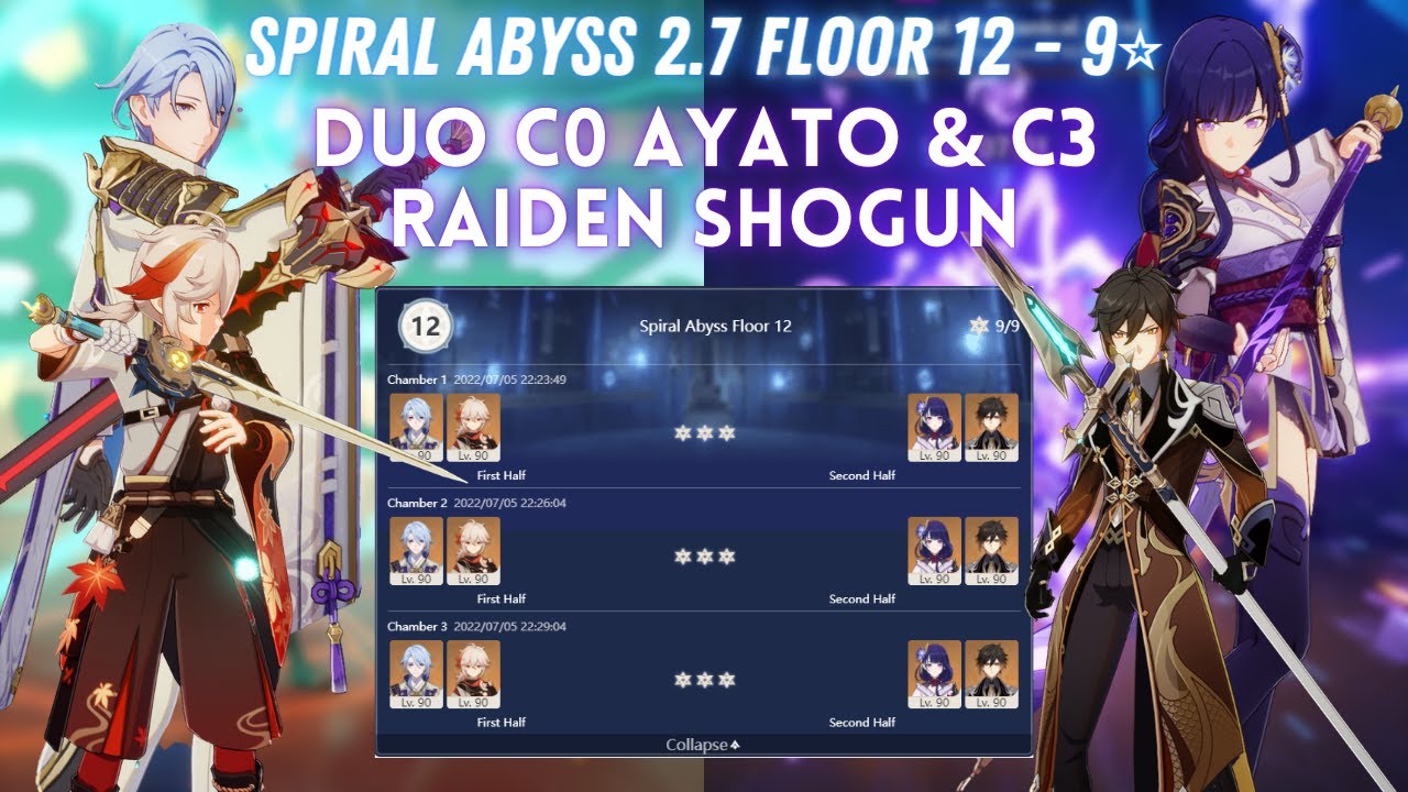 Duos C0 Ayato C0 Kazuha & C3 Raiden Shogun DPS C0 Zhongli | Spiral Abyss 2.7 Floor 12 - 9⭐
