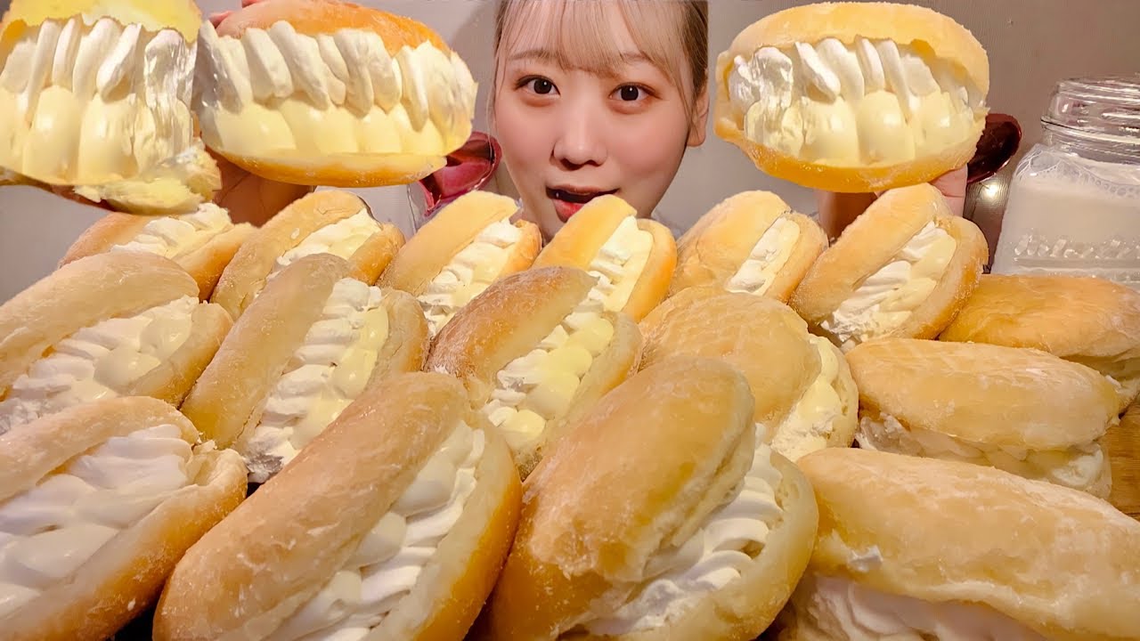 ASMR пончики с начинкой из крема【русские субтитры】【Mukbang/ Eating Sounds】